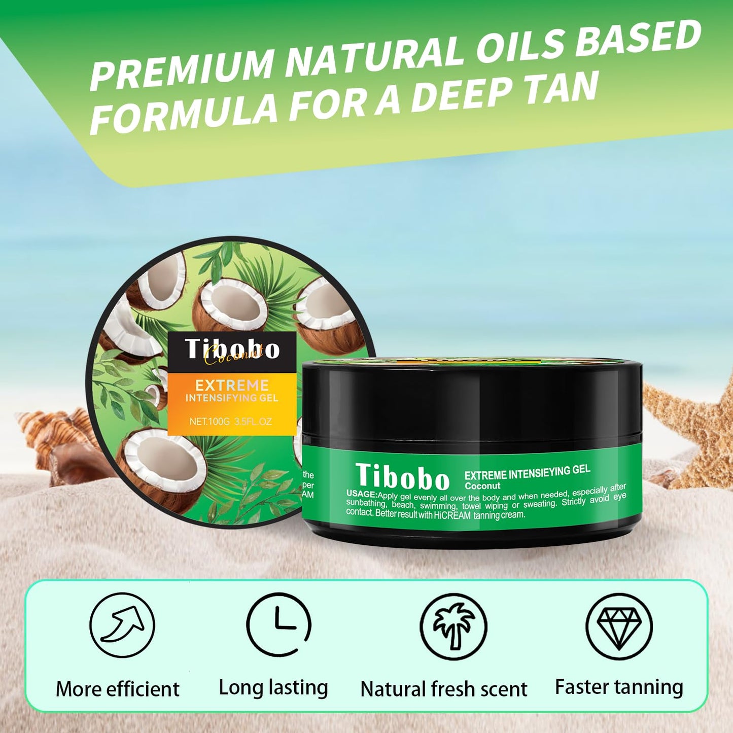 Premium Tan Accelerator Gel 100g - For Sunbed Use & Outdoor Sun Tanning Enhancer, Fast Bronzing Cream with Natural Oils Formula, Intensifying Self Tanning Boosting Oil, Long-Lasting Hydrating(Coconut)