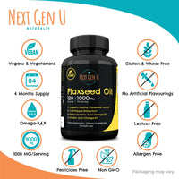 NGU Next Gen U Flaxseed Oil Capsules - 1000 mg - 120 Vegan Soft Gels - High in Omega 3, 6, 9 - Cold Pressed Flax Seed Formula - 4 Months Supply - by NextGenU