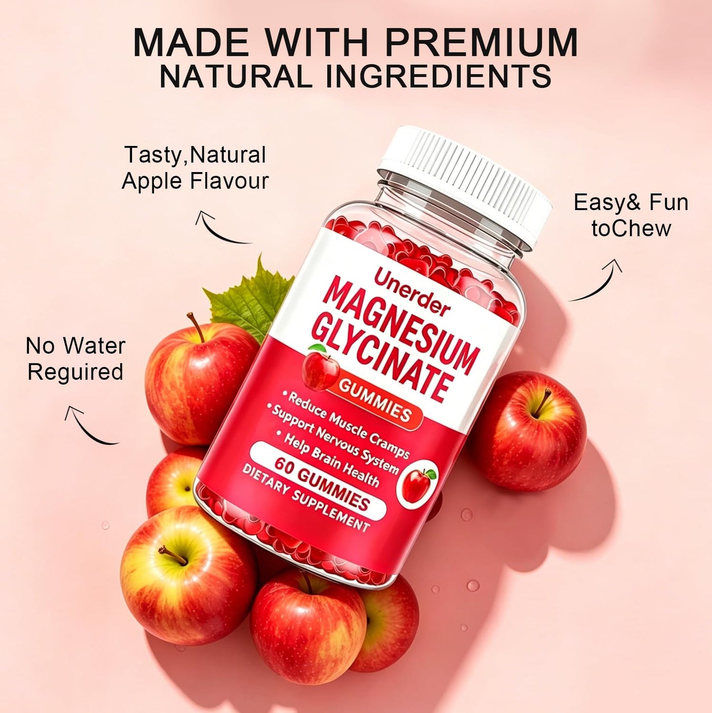 Unerder Magnesium Glycinate Gummies - 400mg High Absorption Formula for Sleep, Stress Relief & Muscle Health - Apple Flavor, 30 Days Supply for Adults,Non-GMO