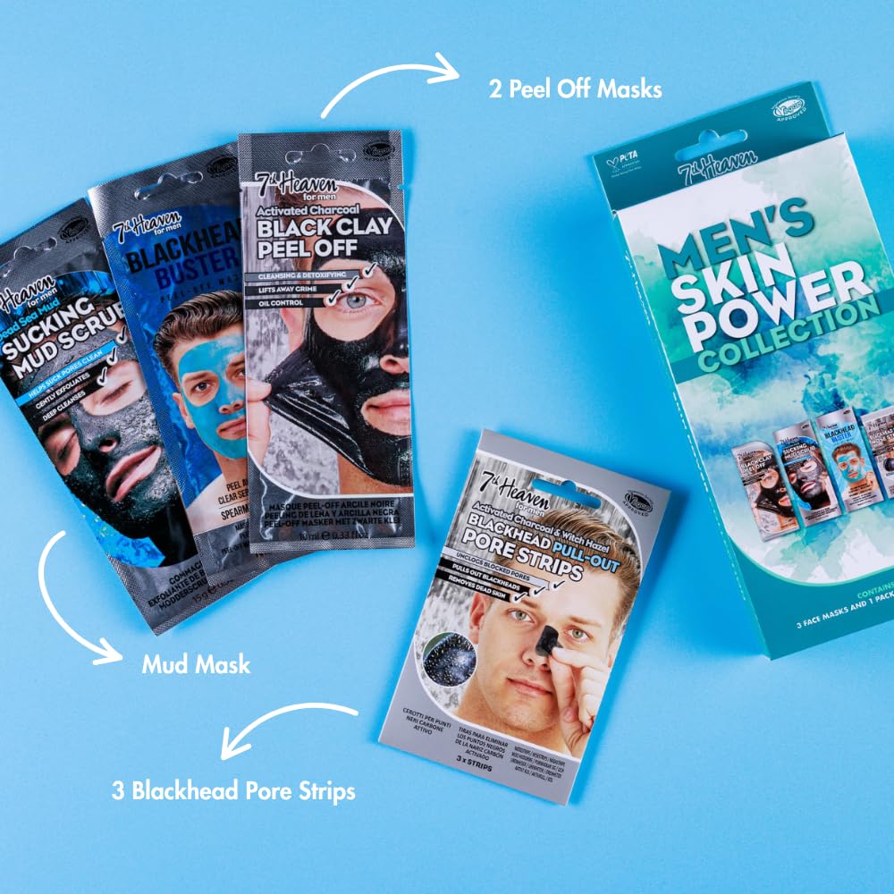 7th Heaven Men’s Skin Power Gift Set with 3 rejuvenating masks and nose pore strips. Deep-cleansing face skincare to help with blemishes and blackhead removal while energising and reviving skin.