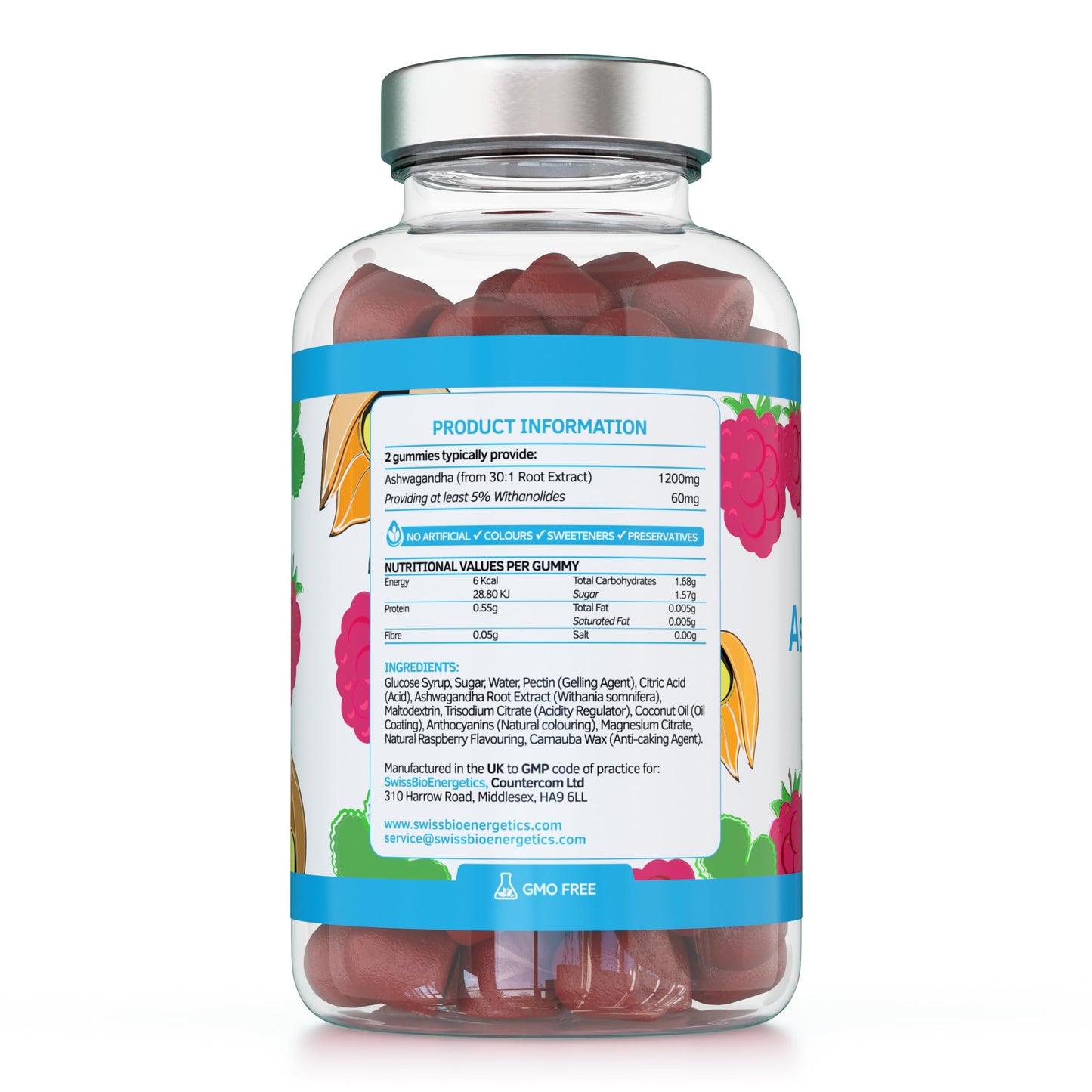 swiss bioenergetics Ashwagandha Gummies - 60 Natural Raspberry Flavoured Chewable & Yummy - 1200mg High Strength Serving with 5% Withanolides - 30 Day Supply - UK Made