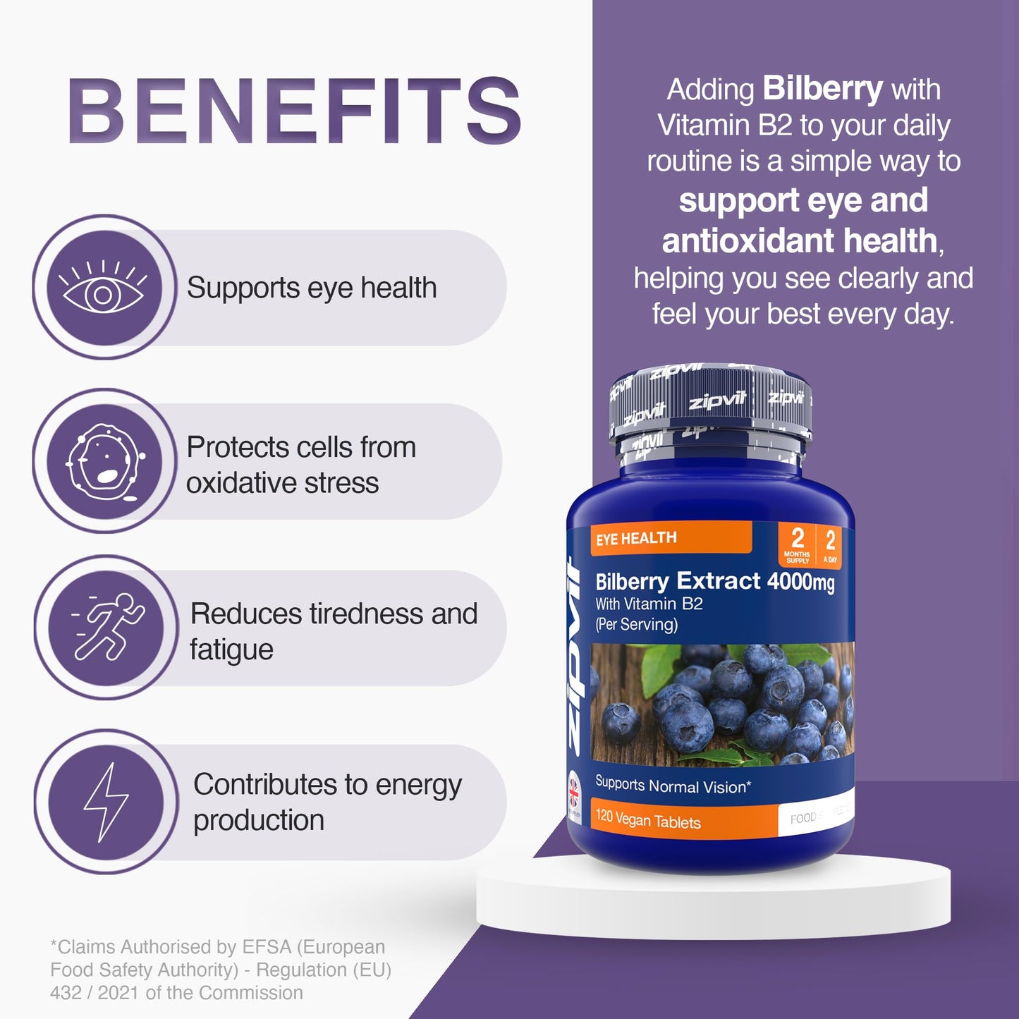 Zipvit Bilberry Extract 4000mg with Vitamin B2, Eye Vitamins with Anthocyanidins, Vaccinium Uliginosum, Supports Healthy Vision, 120 Vegan Tablets, 2 Months Supply