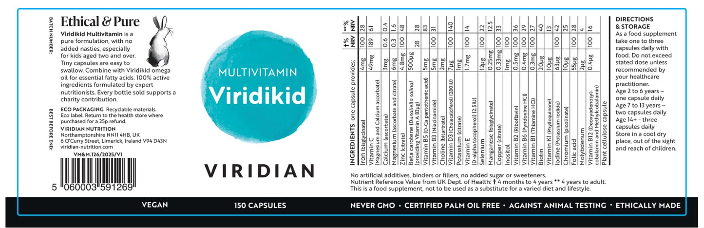 Viridian - ViridiKid Multivitamin & Mineral Capsules | Essential Nutritional Support for Kids 2+ | Pure Formula with Vitamins A, B, C, D, E, K, Zinc, Iron | Easy-to-Swallow Microcapsules | 150 Caps