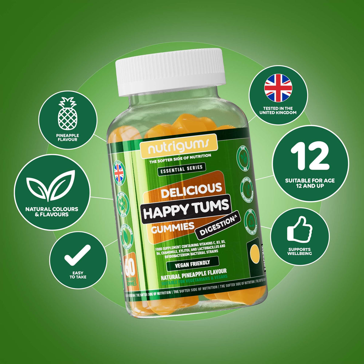 Nutrigums Happy Tums Probiotic Complex Gummy | 1.125 Billion CFU Triple Strain Probiotics, Vitamin C, B3, B5, B6 & Chamomile 1000mg | Pineapple Flavour | 60 Vegan Gummies | Gut & Digestive Health by NUTRIGUMS®