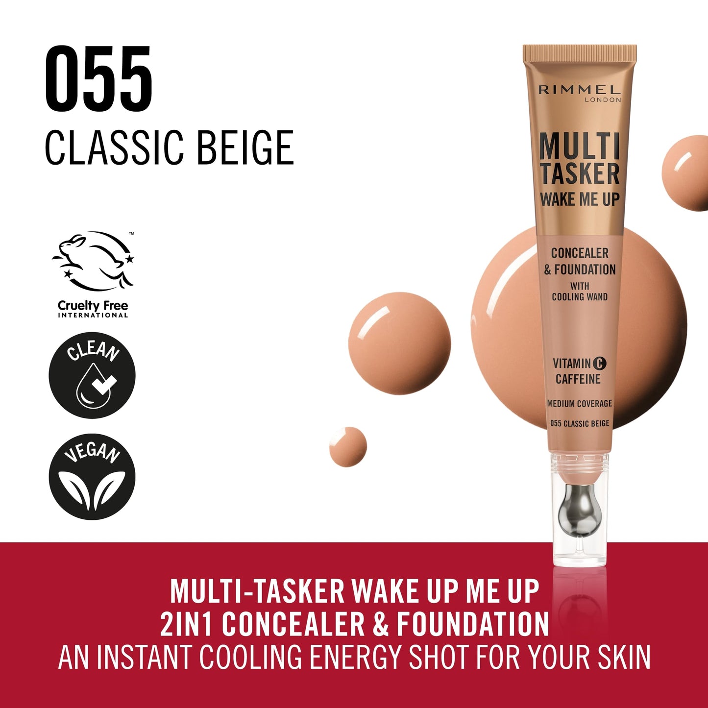 Rimmel Multi-Tasker Wake Me Up Foundation & Concealer, 055 Classic Beige, Depuffs & Brightens Dark Circles, Metallic Cooling Applicator, Caffeine & Victamin C, 2% Niacinamide, Vegan, Cruelty free