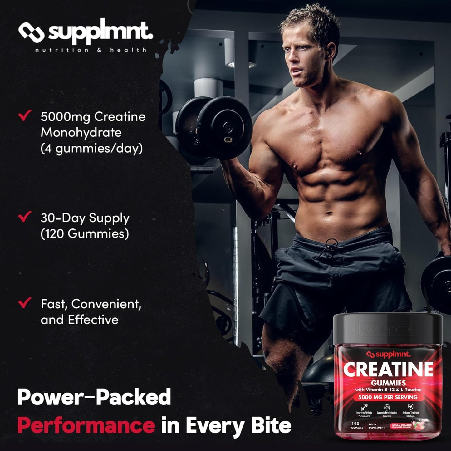 supplmnt. Supplmnt. Creatine 120 Gummies Max 5000mg for Men & Women Creatine Monohydrate Plus B12 and L-Taurine Chewable Gummies, 1 Month Supply (Single, Strawberry)