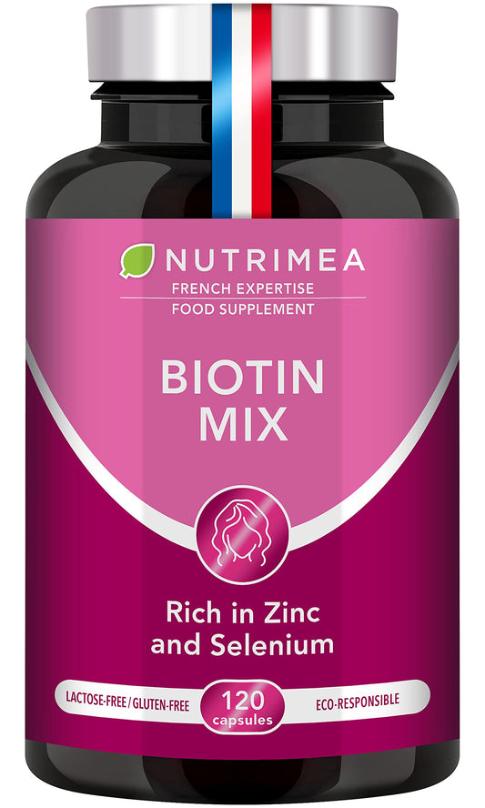 Biotin Hair & Nail Growth Supplement - Enriched with Zinc & Selenium - Contributes to Skin Care - 120 Vegan Capsules - French Expertise