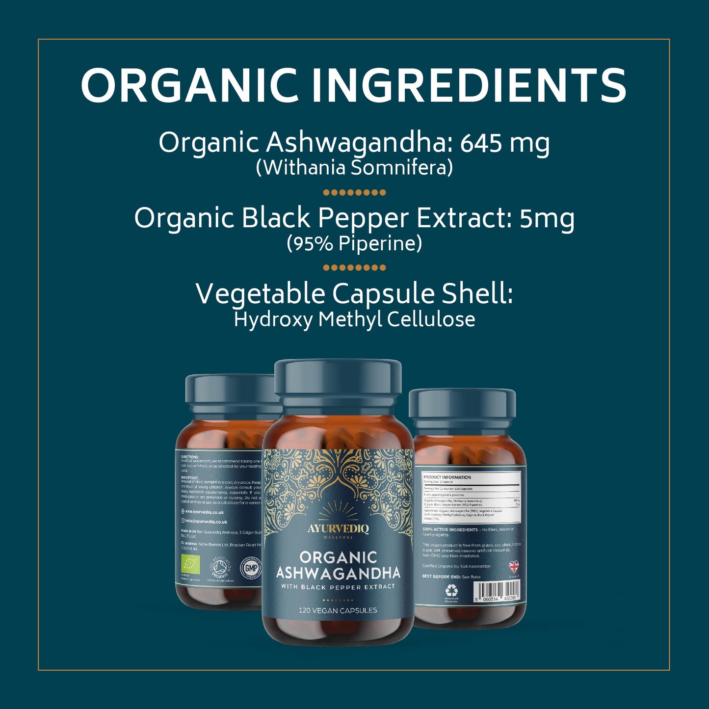 AYURVEDIQ WELLNESS Ayurvediq Wellness, 120 caps Ashwagandha Organic Capsules with Black Pepper Extract, Ayurveda Products, Herbal Supplements, Vitamins, Iron & Protein, Gluten Free, Dairy Free, Vegan