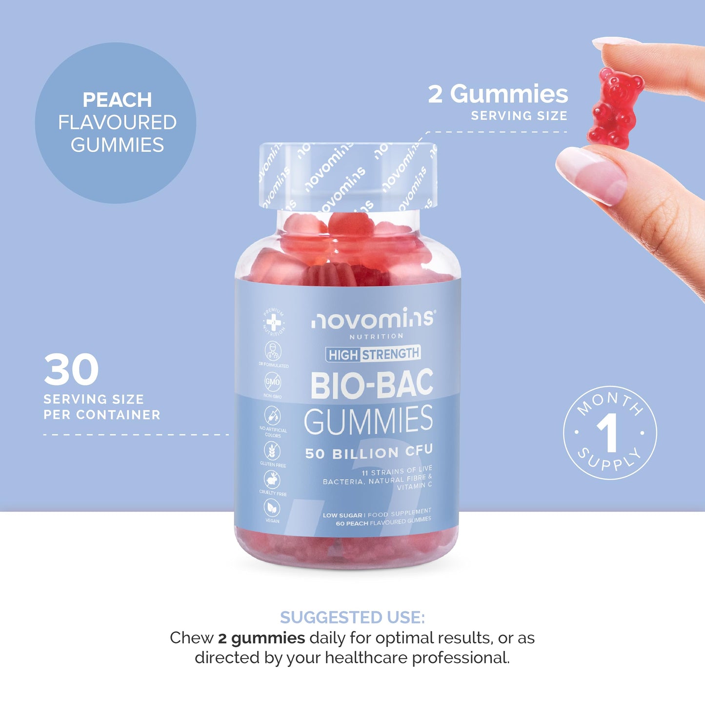 Probiotic Gummies – 50 Billion CFU – High Strength Probiotic Supplements for Men and Women – Bio-Bac Gummies for Adults - 11 Strains of Live Bacteria – Immune & Gut Support - by Novomins