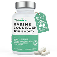 LOVE LIFE SUPPLEMENTS Marine Collagen Skin Boost+ with Astaxanthin & Hyaluronic Acid, 120 Capsules - 2 Month Supply, Also Cartidyss® (Type II), Vitamin C, Vitamin E, Bamboo Stem Extract, Biotin - for Skin, Hair, Nails
