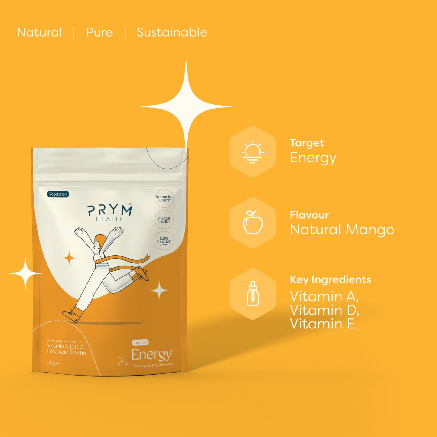 PRYM HEALTH Prym Health - Organic Mango Energy Vitamins 800mg - 60 Vegan Gummies (1 Month Supply/2 A Day) - Natural Energy Multivitamin - Supports Focus & Aids in Reducing Fatigue & Tireness - Non GMO