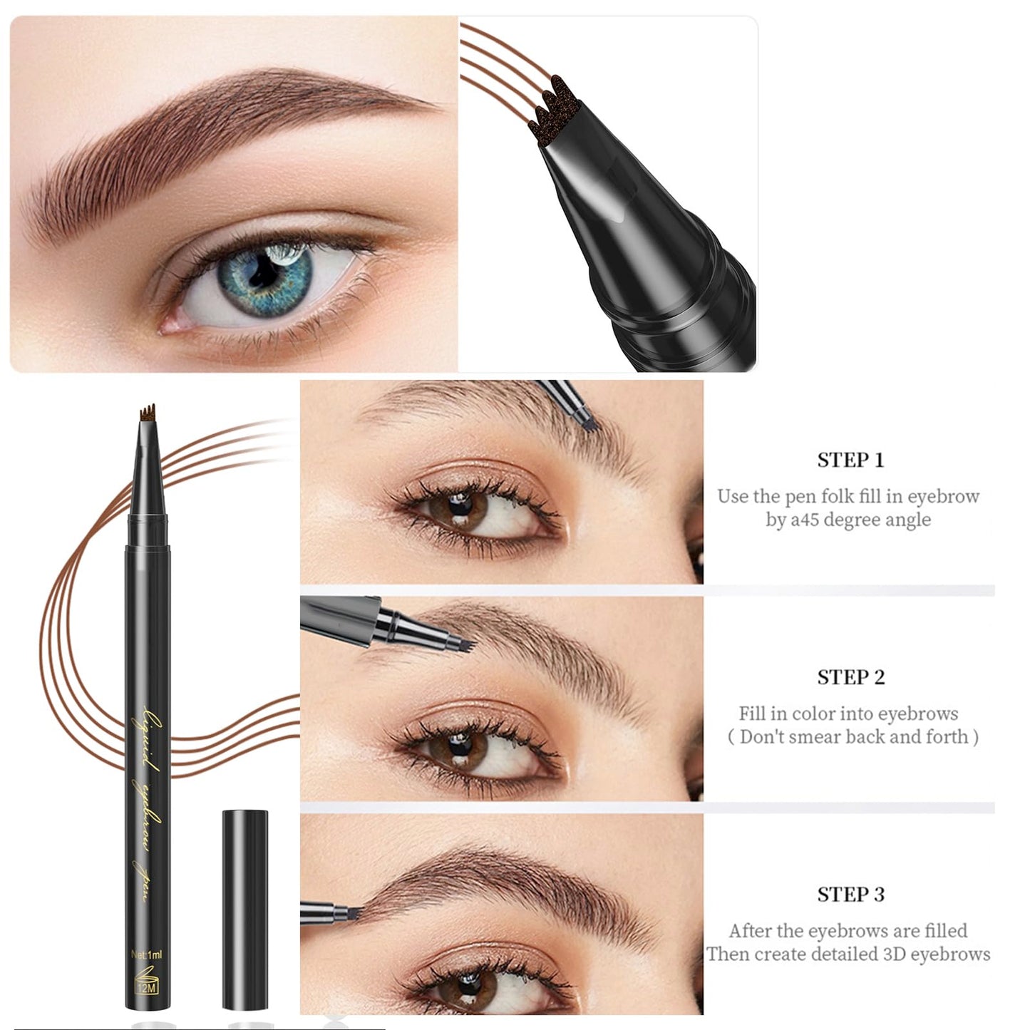 HAORQEE Eyebrow Pencil, Light Brown Waterproof Eye Brow Pen Microblading Smudge-Proof Long Lasting Brow Pencil with 4-Fork-Shaped Tip