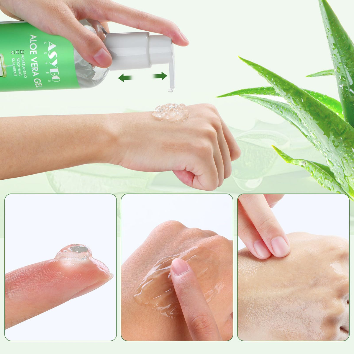 ASYBO 300 ml Aloe Vera Gel, 100% Natural Pure Aloe Vera Hydrating Facial Moisturizer, After Sun Care, Reduce Acne, Repair Scars, Suitable for All Skin Types