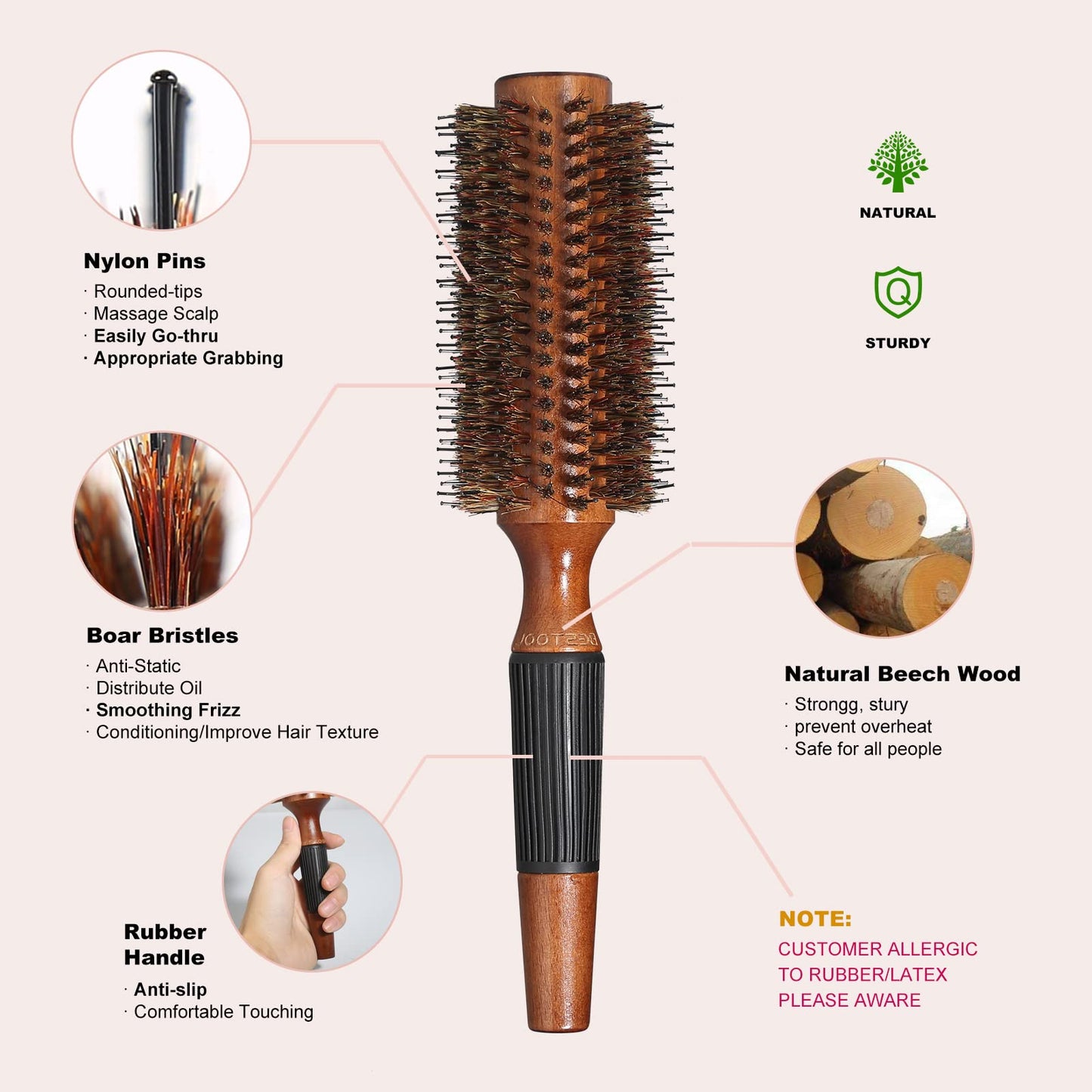BESTOOL Round Brush for Blow Drying, Boar Bristle Round Hair Brush with Wooden Barrel, Large Round Styling Brush for Women & Men, Straightening, Curling, Adding Shine or Volume (2.5 Inch)