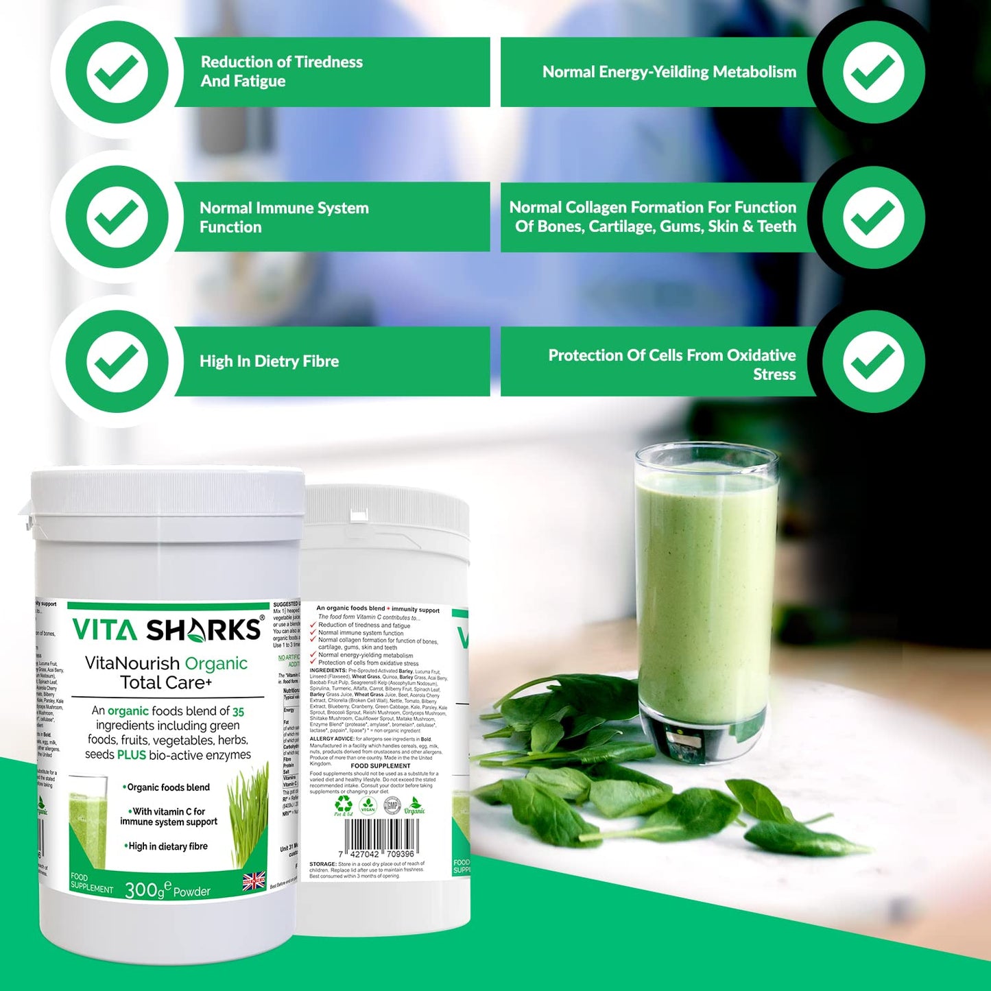 Vita Sharks VitaNourish Organic Total Care+ Vitamin C. 300g Complete Vegan Immune Boosting, Alkalising Nourishment Complex. Bio Active Enzymes for Absolute Detoxification & Digestion Support.