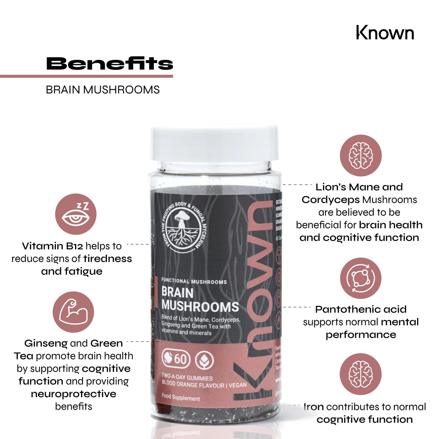 Vegan Brain Supplement Mushrooms Gummies by Known Nutrition | Brain Support with Cordyceps and Lion’s Mane | Delicious Natural Blood Orange Flavour | 60 Two-a-Day Vegan Gummies (One Month’s Supply)