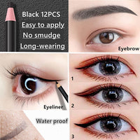 Go Ho 12 PCS Black Eyebrow Eyeliner Pencil Set, Waterproof Eyebrow Pencil,Long-lasting Sweat-proof Eyeliner Makeup Brow Tint Pen（Black）