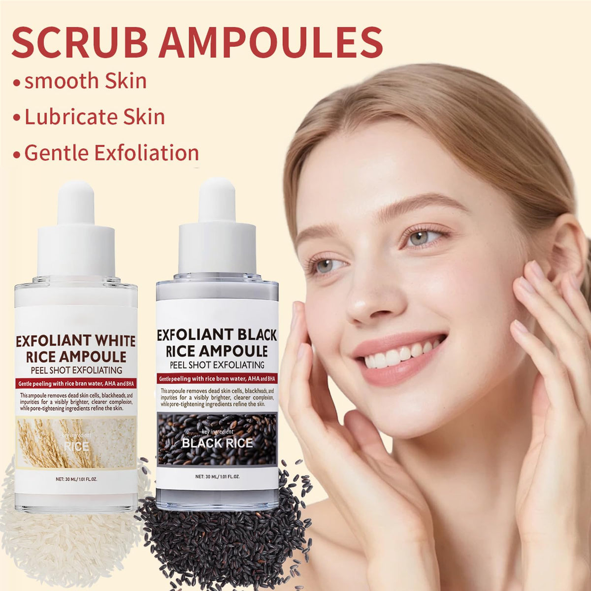 MEITREND Black and White Rice Exfoliant, 2PC Peel Shot Glow Rice Ampoule Duo White Rice + Black Rice Ampoule, Face Body Exfoliator Dead Skin Remover for All Skin Types(30ML&30ML)