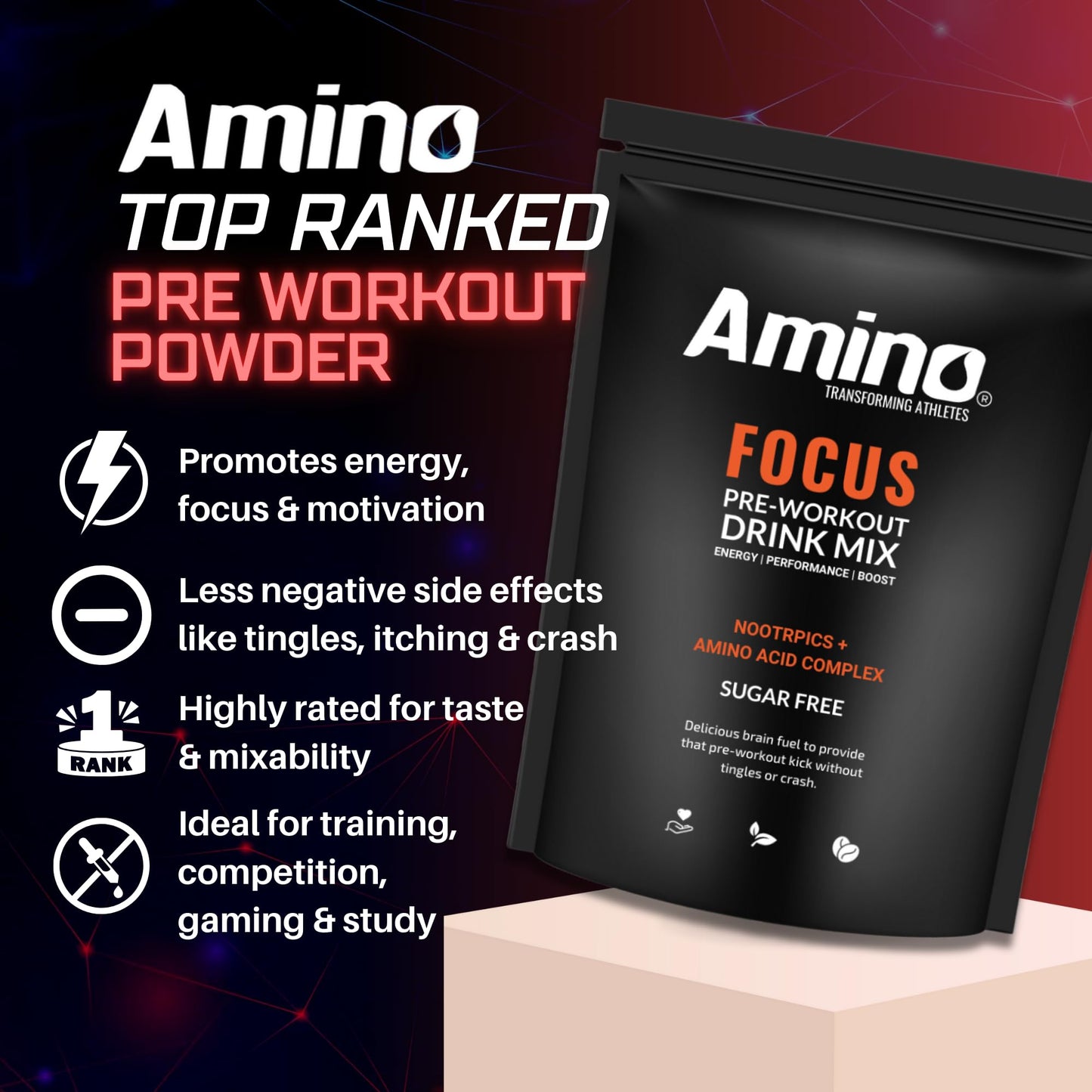 Amino Focus - Pre Workout Powder - 8000mg Nootropics with Caffeine, Creatine & Amino Acids - Preworkout Drink Men & Women - Sugar Free & Suitable for Vegans (Orange, 44 Servings)