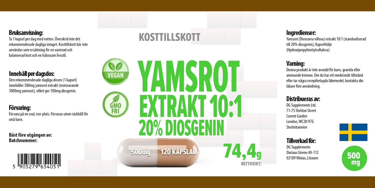 Hepatica Yam Root Extract 5,000mg Equivalent | 120 Vegan Capsules | High Strength 10:1 Extract (500mg) | 20% Diosgenin | 3rd Party Lab Tested Herbal Supplement
