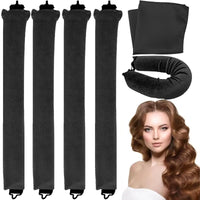Solihigh 4PC Heatless Curls Set- Hair Rollers with Adjustable Square Scarf for Overnight Curls, No-Heat Curling Rods Safe for Long Hair (Black)