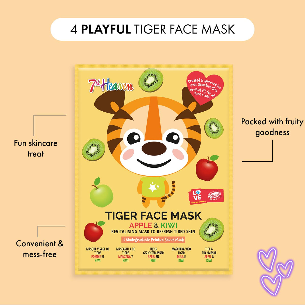7th Heaven Tiger Face Mask Gift Set (4 Kids Face Masks). Hydrating for Sensitive Skin, Childrens Age 8+, Cruelty Free Sheet Masks - Genuine 7th Heaven Face Masks Skincare