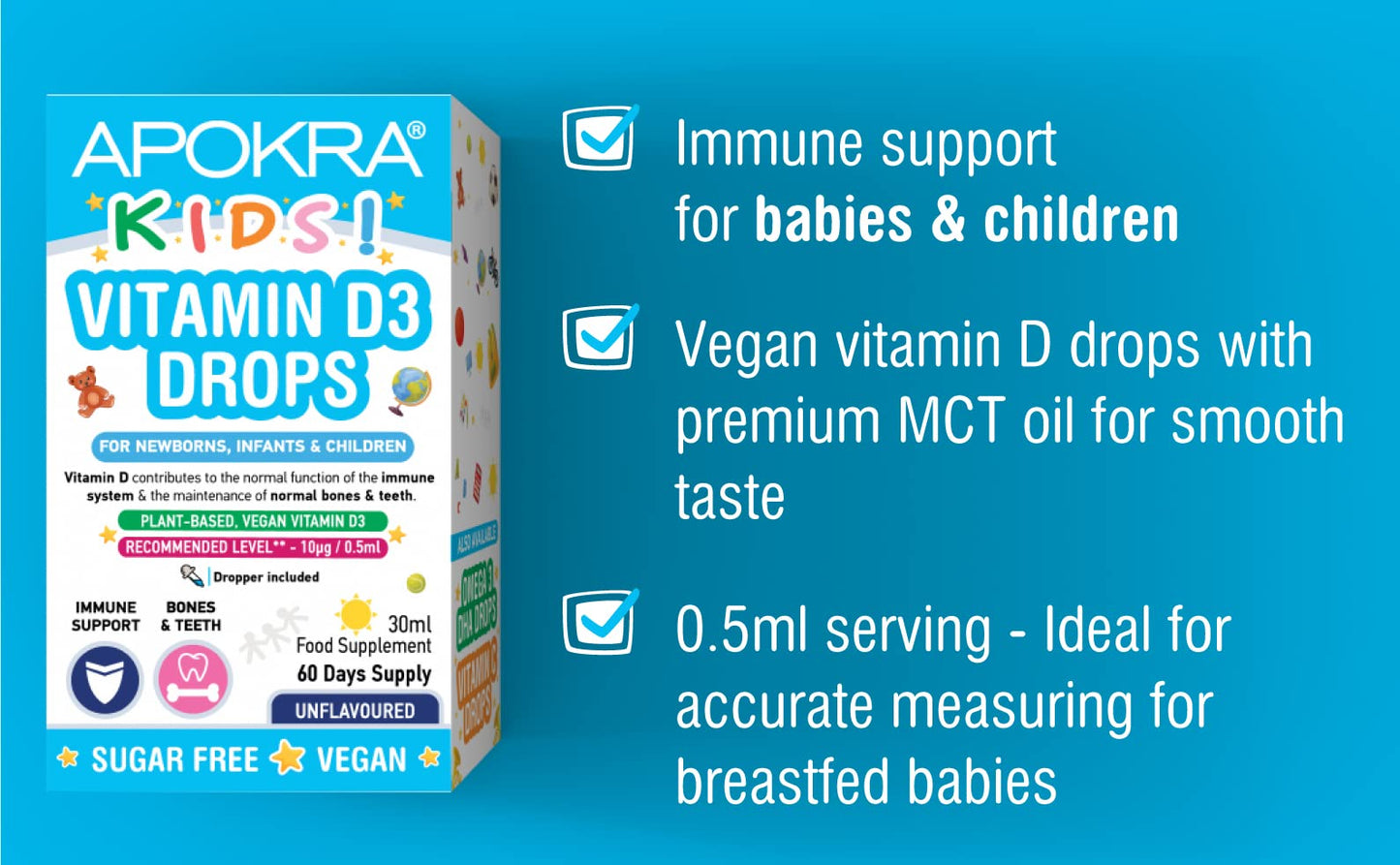 Vitamin D Drops Baby & Kids - Vegan - 60 Days Supply – 30mL – Preservative Free and Sugar Free Kids Vitamins - VIT D 400IU in MCT Oil - 10 micrograms per 0.5mL | APOKRA Kids