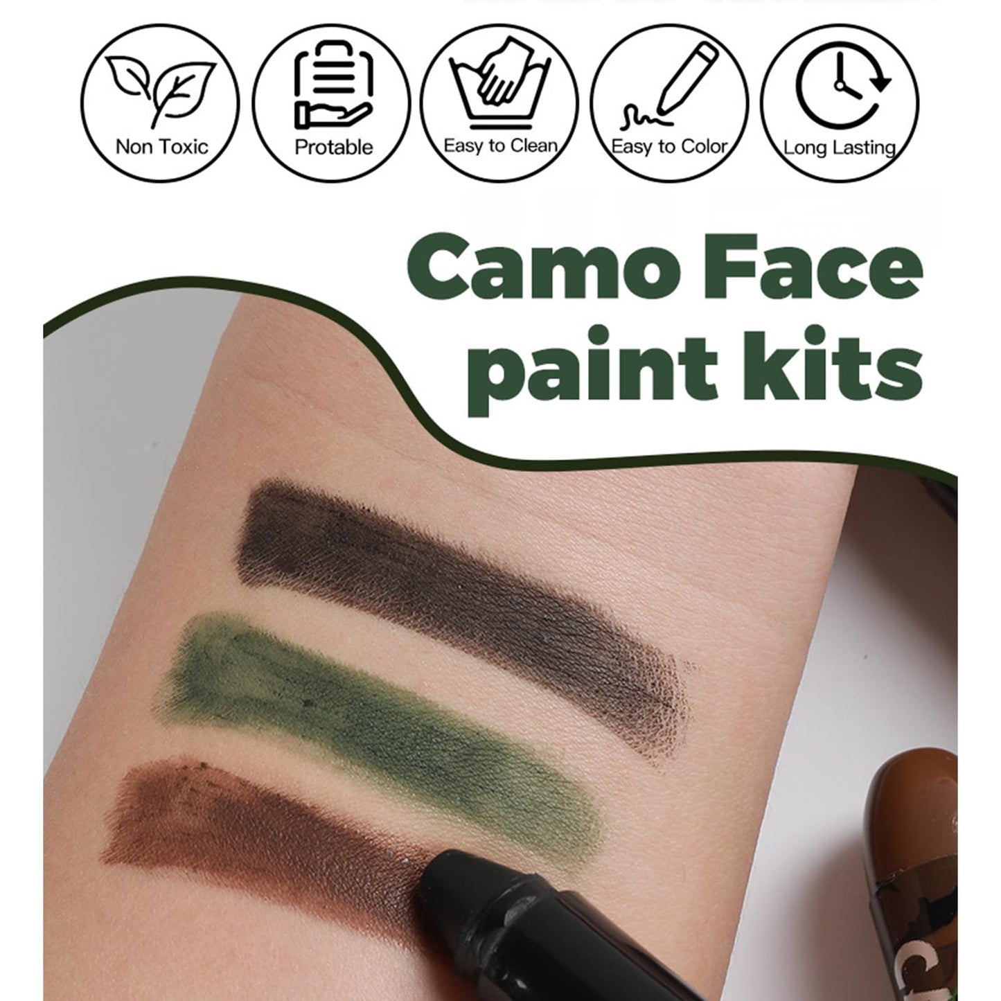 Mikloven 3-Color Camo Face Paint Sticks (Brown, Black, Green), Waterproof Hunting Face Paint, Rotating Wax Design, Skin-Friendly, Easy Application for Outdoor & Tactical Use