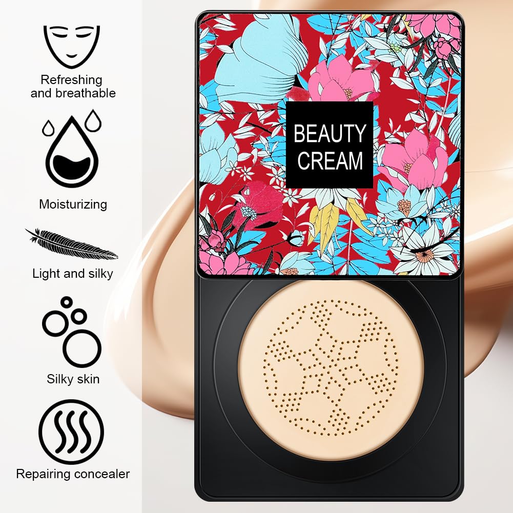 LOPHE 2 Pcs Mushroom Head Air Cushion CC Cream, Moisturizing & Oil Control Foundation Cover Concealer, Long Lasting Air Cushion CC Cream with Mushroom Makeup Sponge, Liquid Foundation CC Cream for Makeup