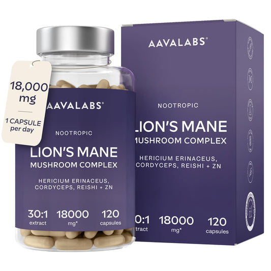 AAVALABS Lions Mane Supplement-18,000mg (30:1 Extract)+Zinc, Reishi & Cordyceps-3 Mushrooms Herbal supplements -Nootropic Complex Lion's Mane Mushroom Supplement-120 Lion's Mane Capsules(Not Lions Mane Powder)