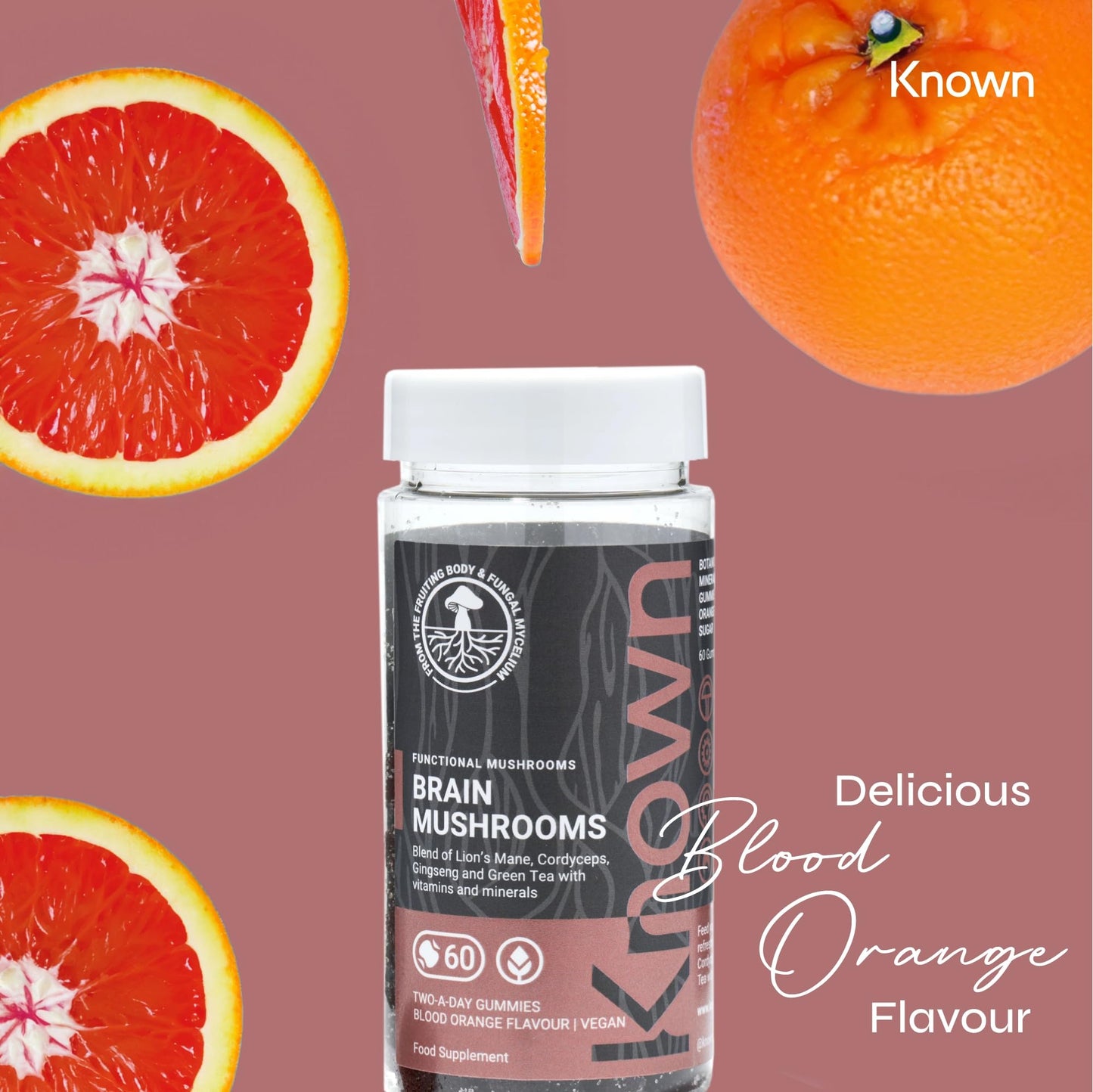 Vegan Brain Supplement Mushrooms Gummies by Known Nutrition | Brain Support with Cordyceps and Lion’s Mane | Delicious Natural Blood Orange Flavour | 60 Two-a-Day Vegan Gummies (One Month’s Supply)