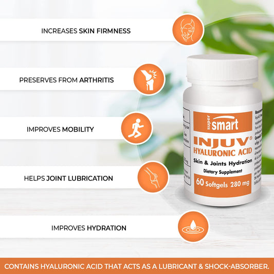 Supersmart - Injuv® Hyaluronic Acid 70 mg - 100% Natural Supplement - Skin & Joints Hydratation | Non-GMO & Gluten Free - 60 Softgels
