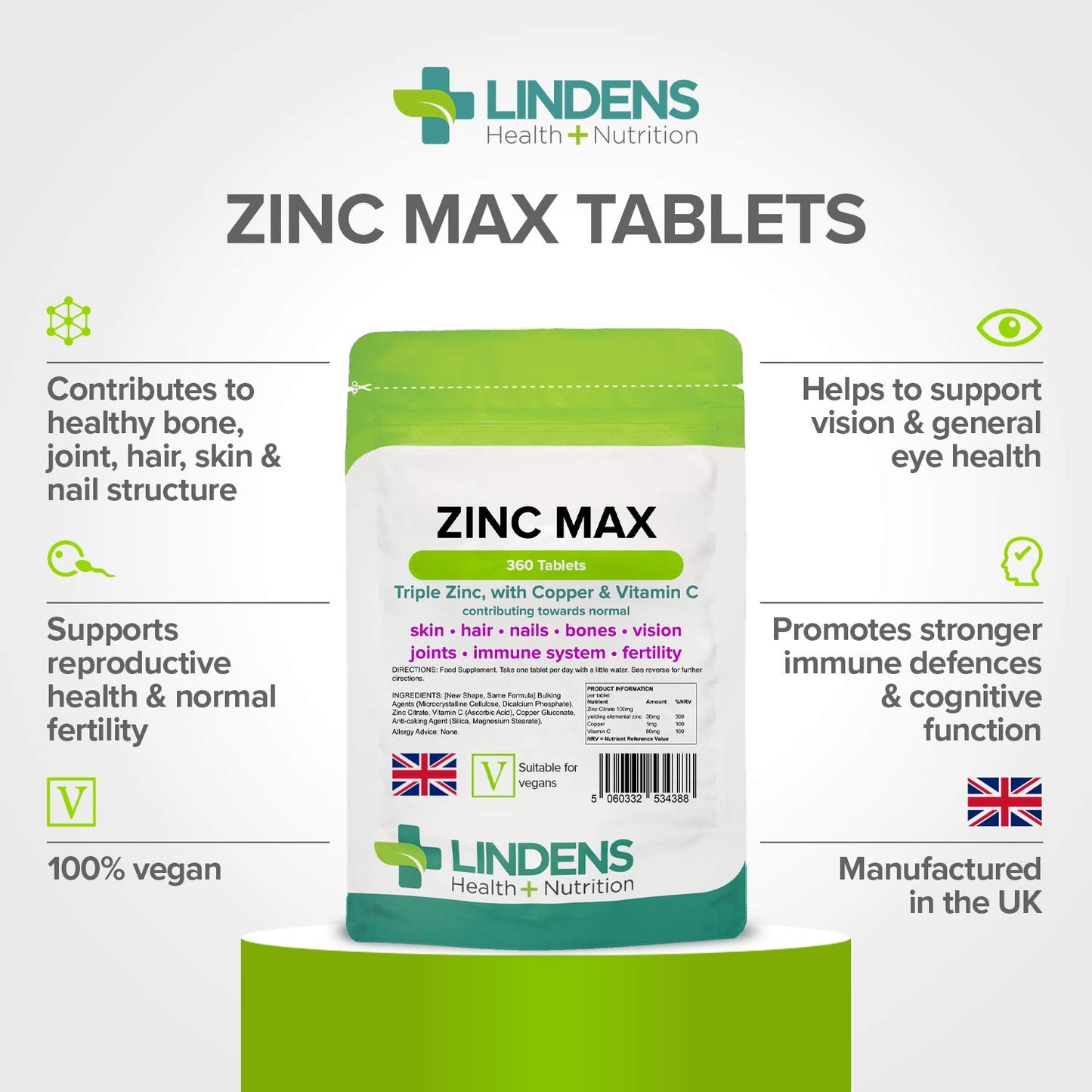 Lindens Zinc Max Tablets - 360 Pack - (90 Pack x4) Triple Zinc with Copper and Vitamin C - Immune System, Bones, Vision, Hair, Nails, and Skin - UK Manufacturer