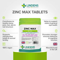 Lindens Zinc Max Tablets - 360 Pack - (90 Pack x4) Triple Zinc with Copper and Vitamin C - Immune System, Bones, Vision, Hair, Nails, and Skin - UK Manufacturer