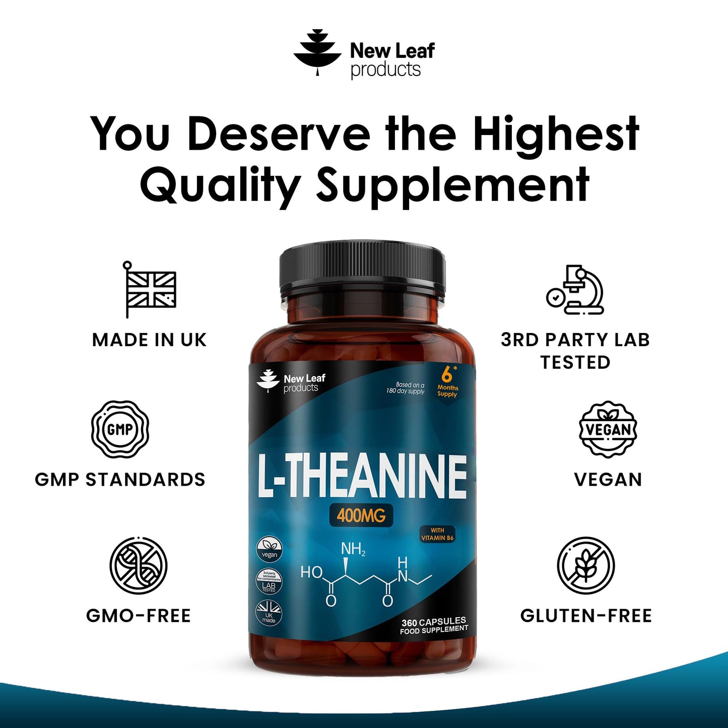 L Theanine Enriched with Vitamin B6 - High Strength L Theanine 400mg Natural Nootropics from Green Tea - 360 Vegan L-Theanine Capsules - Made in The UK Theanine Supplements by New Leaf