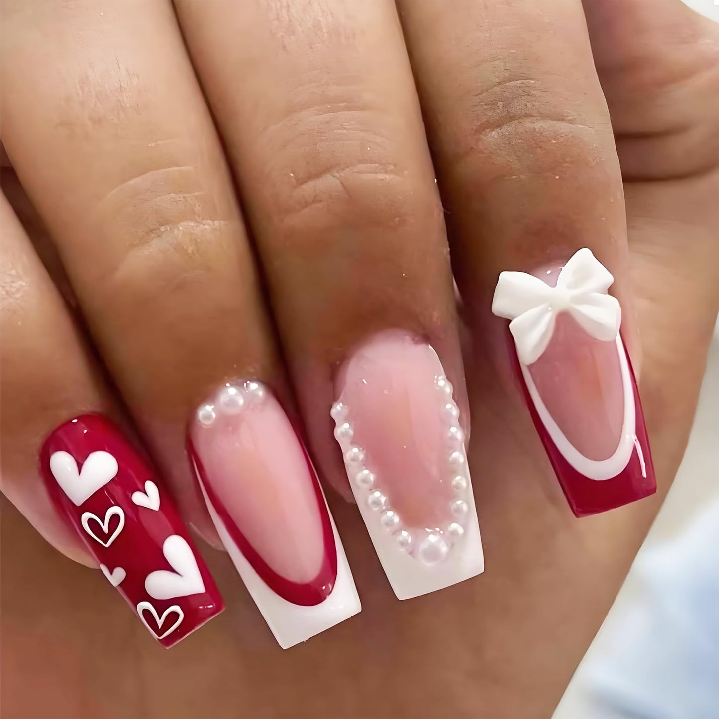 Generic 24PCS Heart & Bow French Tip Press on Nails – Long Square Full Cover Reusable False Nails with Glue – Cute Stick on Nail Set for Women and Girls