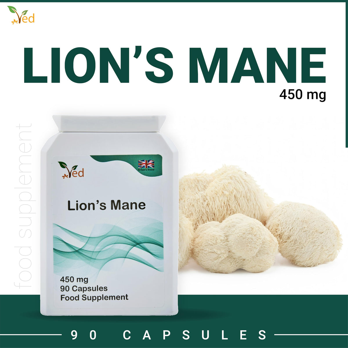 VED Ved Lion’s Mane Supplement 450mg, Lion's Mane Mushroom 15:1 Extract 90 Capsule (3 Months Supply)