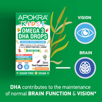 Omega 3 Vegan DHA Drops for Kids - 50mL - No Fishy Taste - Preservative Free and Sugar Free. Sustainable Algal Alternative to Fish Oil | APOKRA Kids