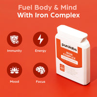 Purolabs Premium High Strength Iron Tablets for Women & Men – Gentle Iron Complex with Vitamin C, B12, B9 Folate & Zinc – Energy, Immunity & Blood Support – 60 Vegan Capsules