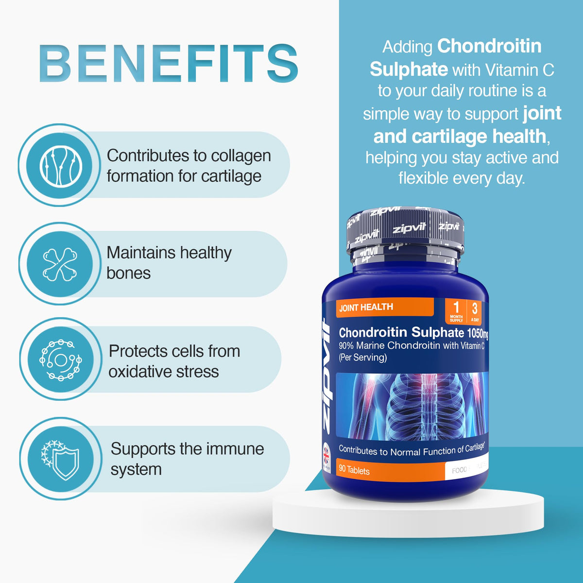 Zipvit Chondroitin Sulphate 1050mg with Vitamin C, 90 Tablets, 90% Pure Marine Chondroitin Joint Care Supplement for Women & Men