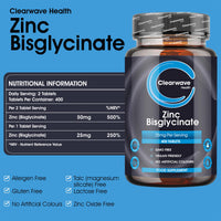 Zinc Tablets 50mg | in Bisglycinate | 400 Vegan Tablets | 6+ Months Supply | High Absorption | Zinc Supplements | for Men and Women | By Clearwave Health