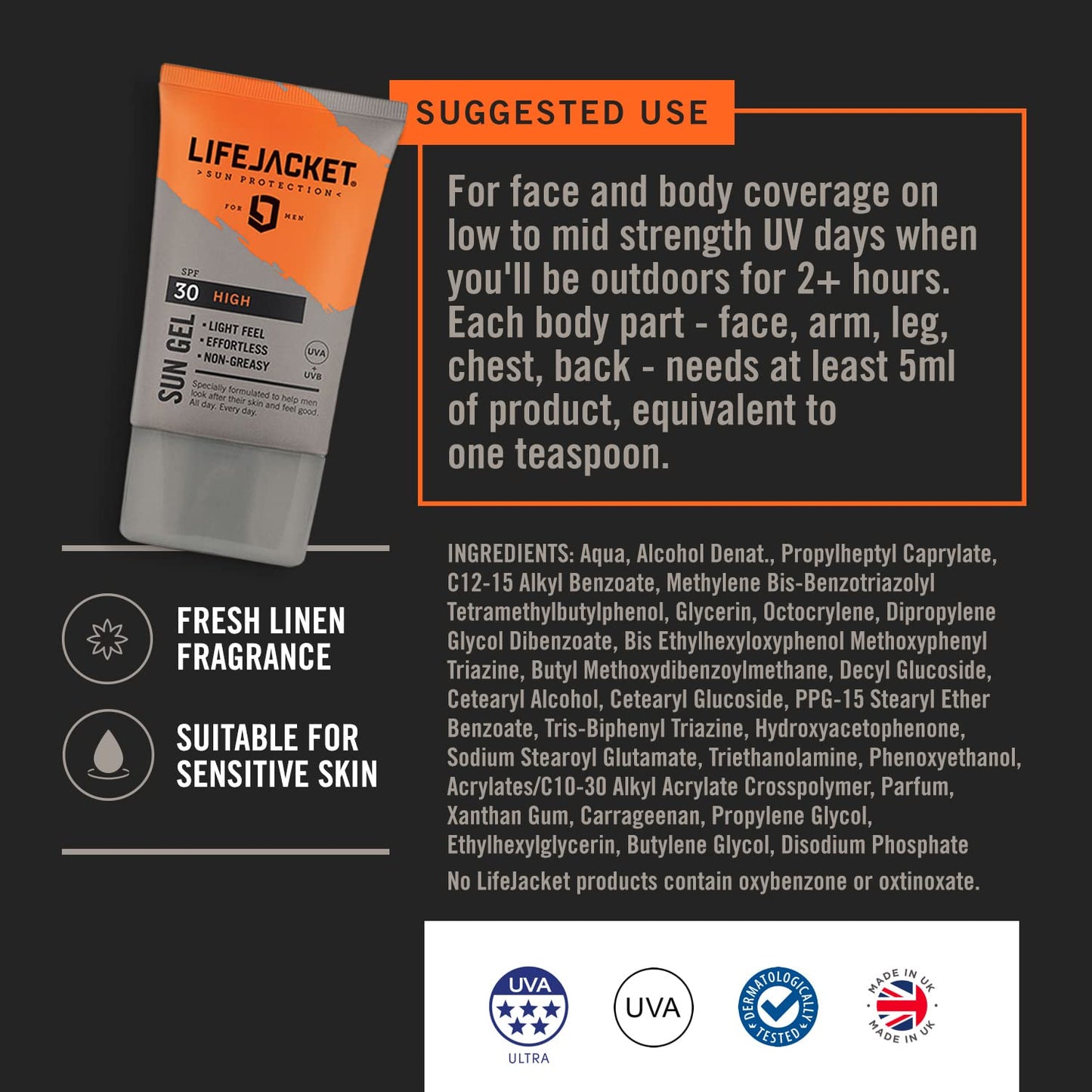 LIFEJACKET LifeJacket Sun Protection Gel SPF 30 UVA, UVA 5* Sun Cream/Sunscreen factor 30, Face + Body 200ml Lightweight, Non-greasy, Water resistant, Cruelty free, Clinically Approved for Sensitive & Dry Skin