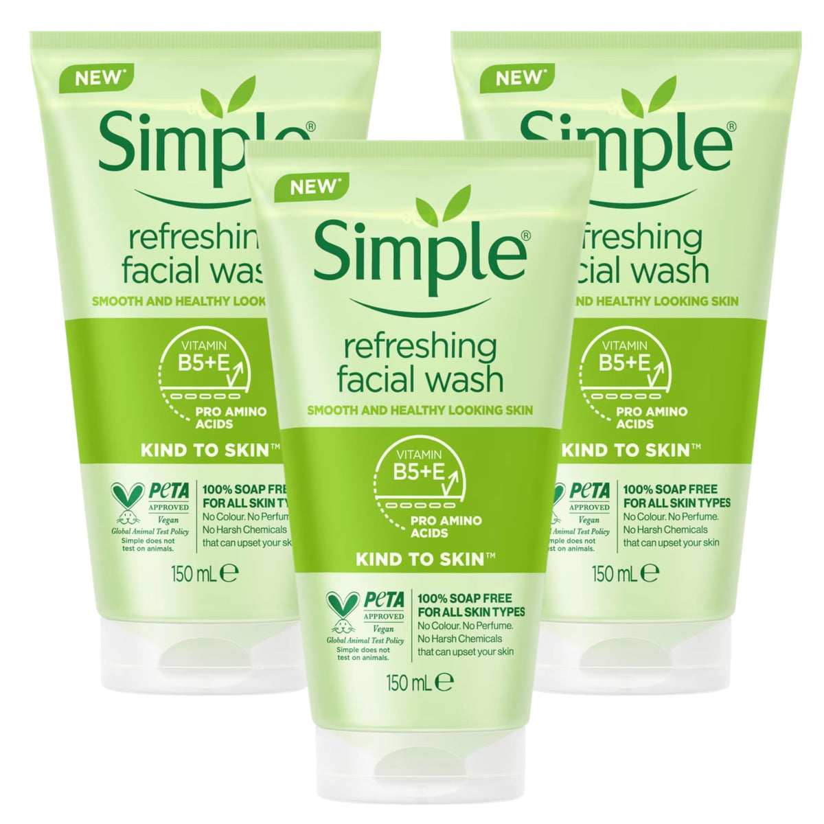 Aasram 3 x 150mL | Simple Kind to Skin Refreshing Face Wash Gel 150ml | Soap Free | for All Skin Types | 3 Pack