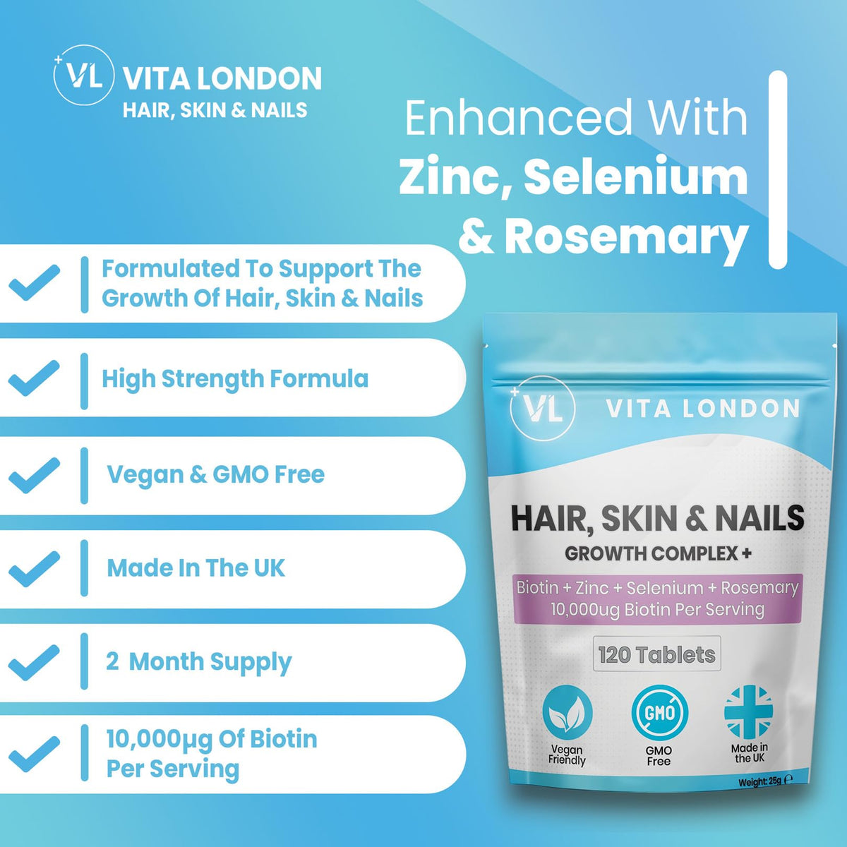 VL Vita London Biotin Hair Growth for Women & Men 10,000ug | Hail, Skin and Nails Vitamins Growth Complex with Zinc & Selenium & Rosemary | 120 Biotin Tablets (not Gummies, Capsules or serum) | Vegan, UK Made