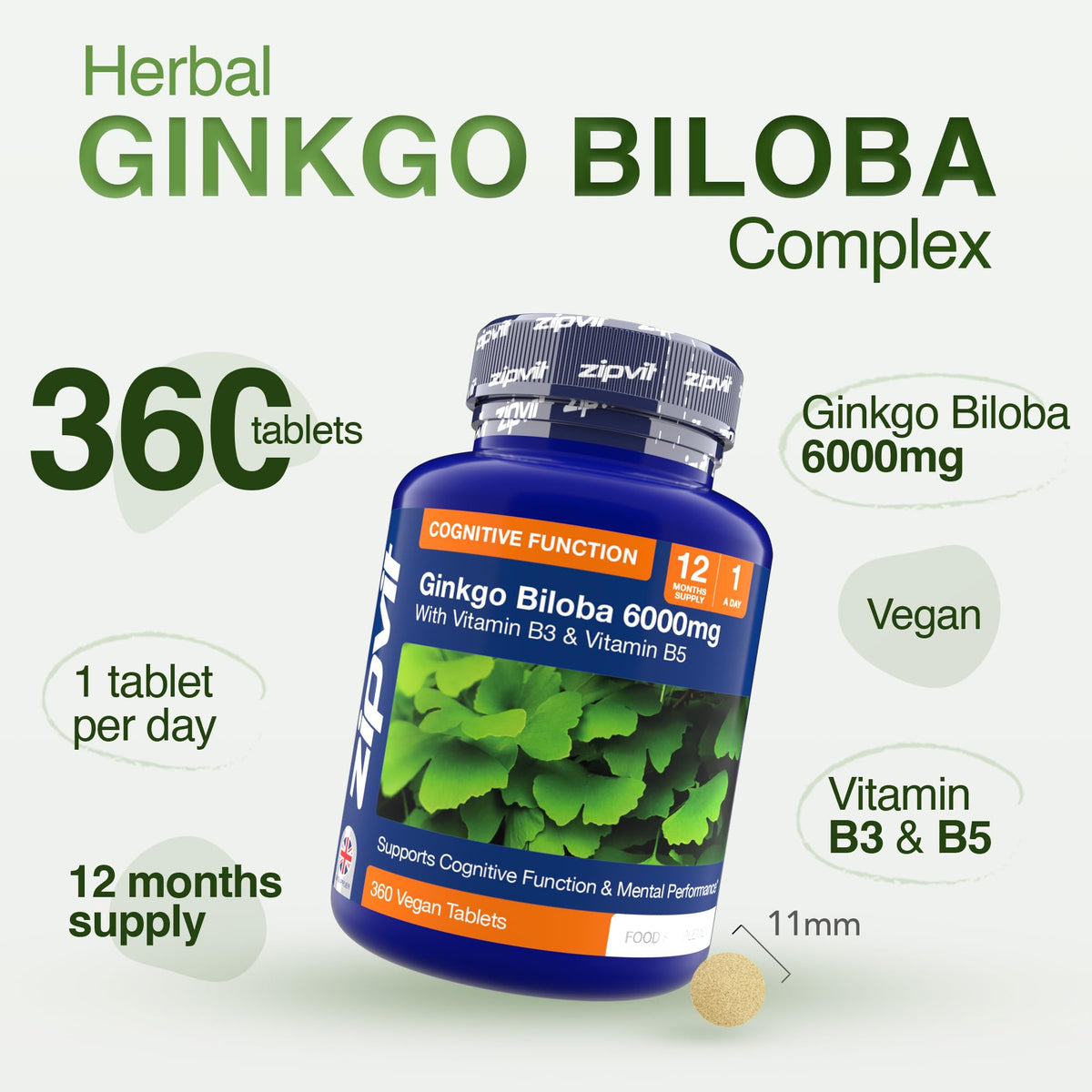 Zipvit Ginkgo Biloba 6000mg with Vitamins B3 & B5, 360 Vegan Tablets, Supports Memory, Focus, Brain Health & Cognitive Wellness, Standardised 50:1 Leaf Extract, 12 Months Supply.