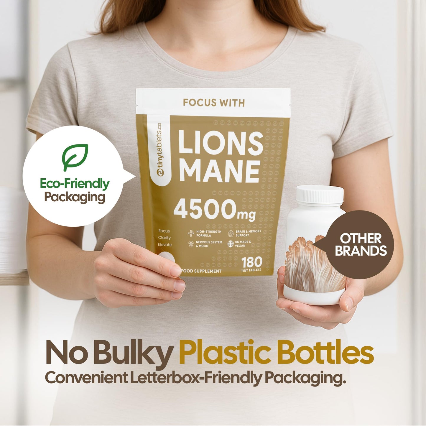 tinytablets.co Lions Mane 4500mg Supplement with Black Pepper Powder | 180 Tablets | Womens and Mens Supplements | UK-Made Lions Mane Supplement for Stress Relief | Science-Backed and Tested Lions Mane Capsules