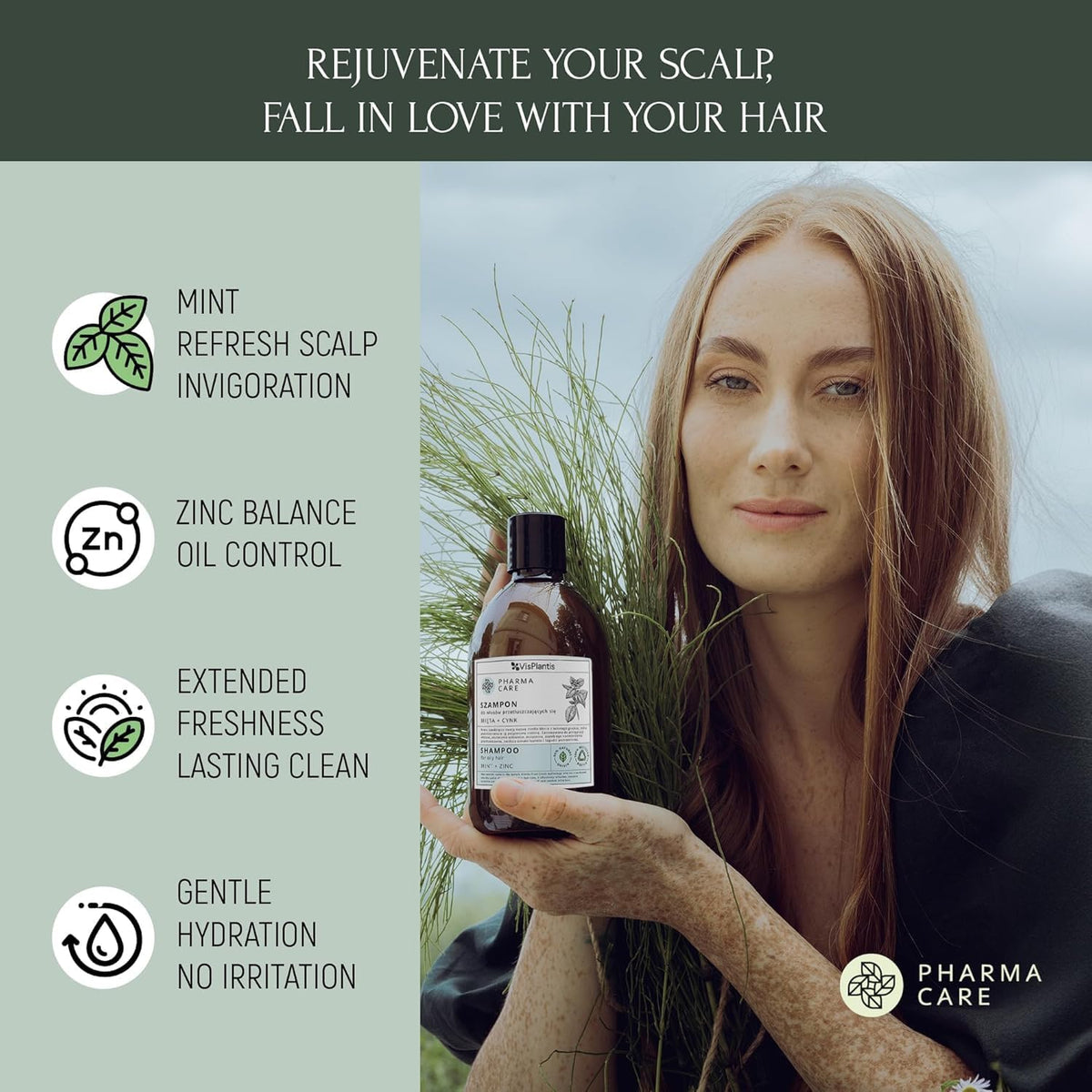 Vis Plantis Mint Shampoo for Oily Hair and Scalp with Zinc - Reduces Dandruff & Controls Sebum - 500ml Natural Shampoo for Greasy Hair and Roots - Silicone & Sulphate Free Itchy Scalp Treatment