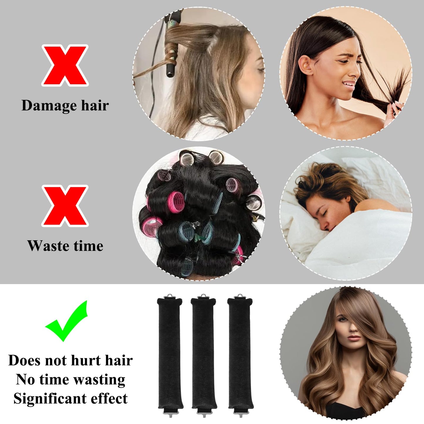 ExcellaElite Heatless Overnight Blowout Rods 3 Pack Heatless Curling Rod, Jumbo Flexi Rods for Hair, Heatless Rods, Blow out Rods - No Heat Curls to Sleep for Curl Rods, Women Long Hair Styling Tools, Black