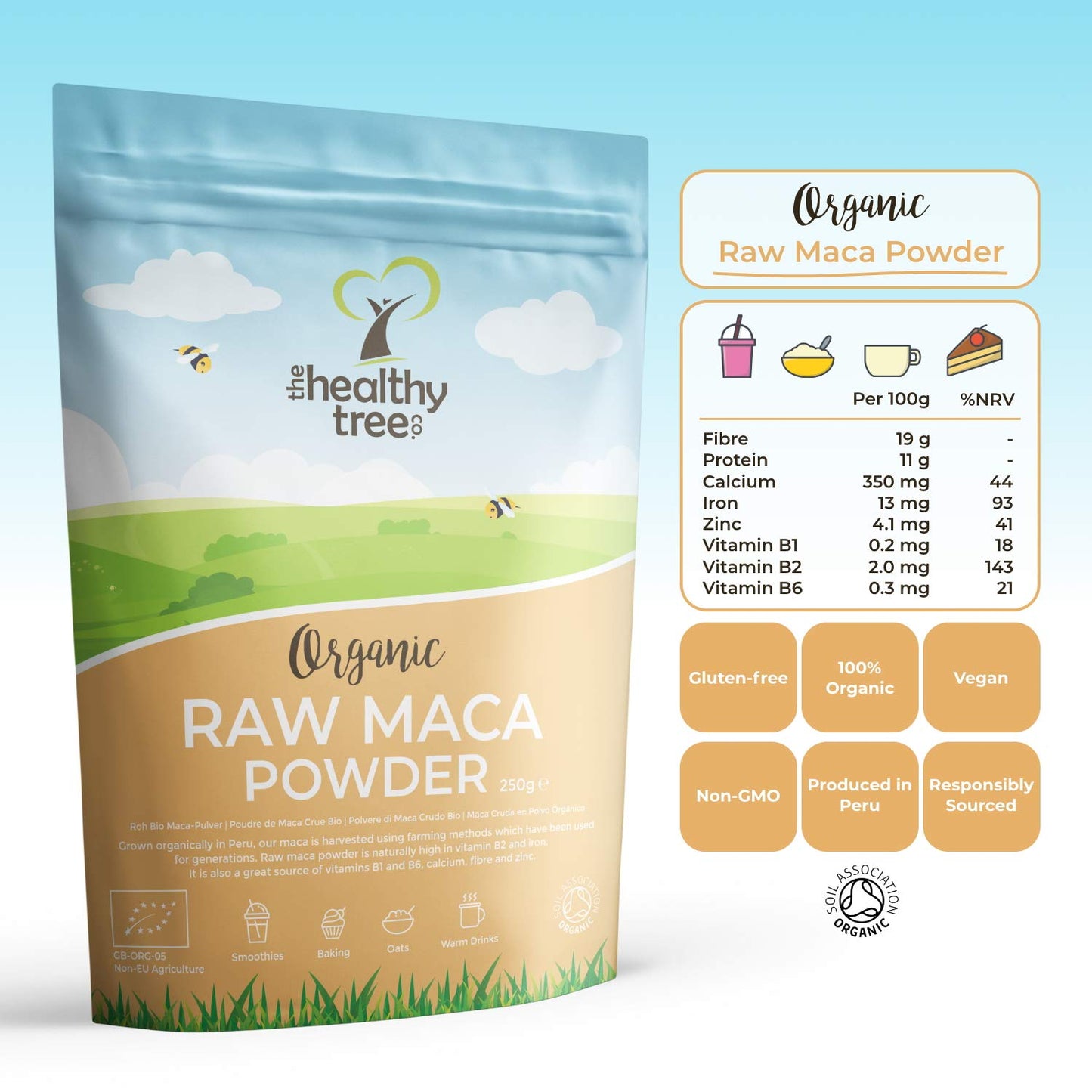 Organic Maca Powder by TheHealthyTree Company for Vegan Smoothies, Oats and Baking - High in Vitamin B2, Fibre, Iron and Calcium - Peruvian Raw Maca Root (250g)