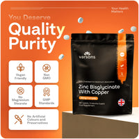 varsons Zinc Bisglycinate 25mg with Copper - Chelated High Absorption Zinc Supplements for Immunity, Skin, Bones & Hair - 6 Month Supply, Vegan-Friendly & Magnesium Stearate-Free